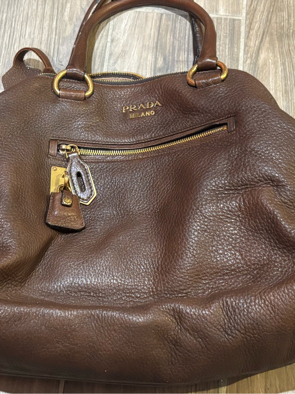Prada Brown Pebbled Leather Shoulder Bag with Gold Hardware